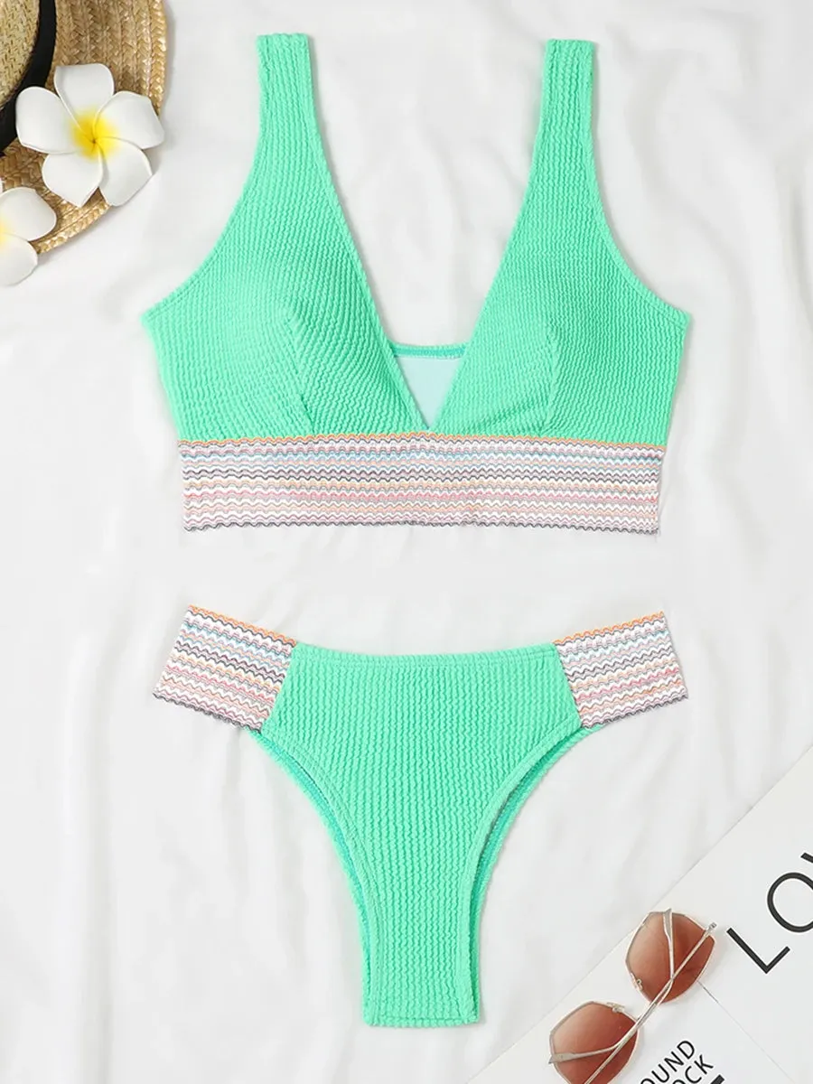 Deep V Bikini Ribbed Swimsuit Solid Swimwear New Summer Fashion Beachwear